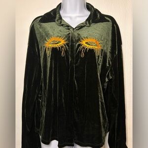 Deep Green Velvet Blouse with Eye Embroidery
